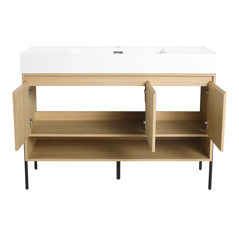 Meuble-lavabo 48 po avec lavabo simple en résine et armoire moderne à 3 portes de couleur chêne