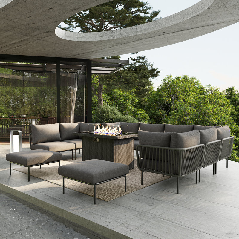 Ebern Designs 11 Pieces Aluminum Patio Furniture Set, Modern Modular Sectional Sofa with Fire Pit Table and Upgrade Thickness Cushion