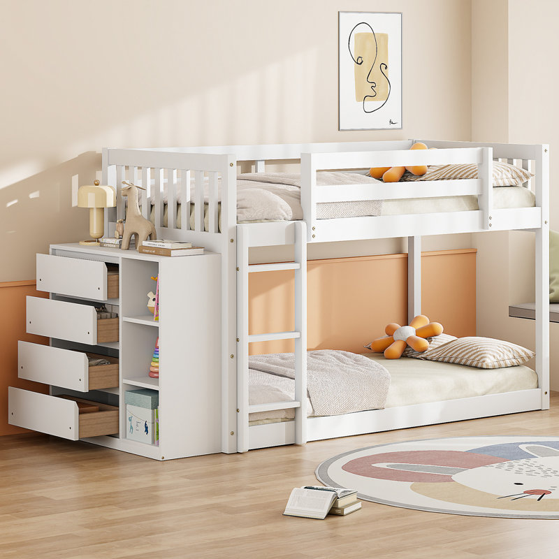 Lit superposé simple en bois massif - Blanc avec amplement de rangement 4 tiroirs et 3 tablettes pour la chambre à coucher
