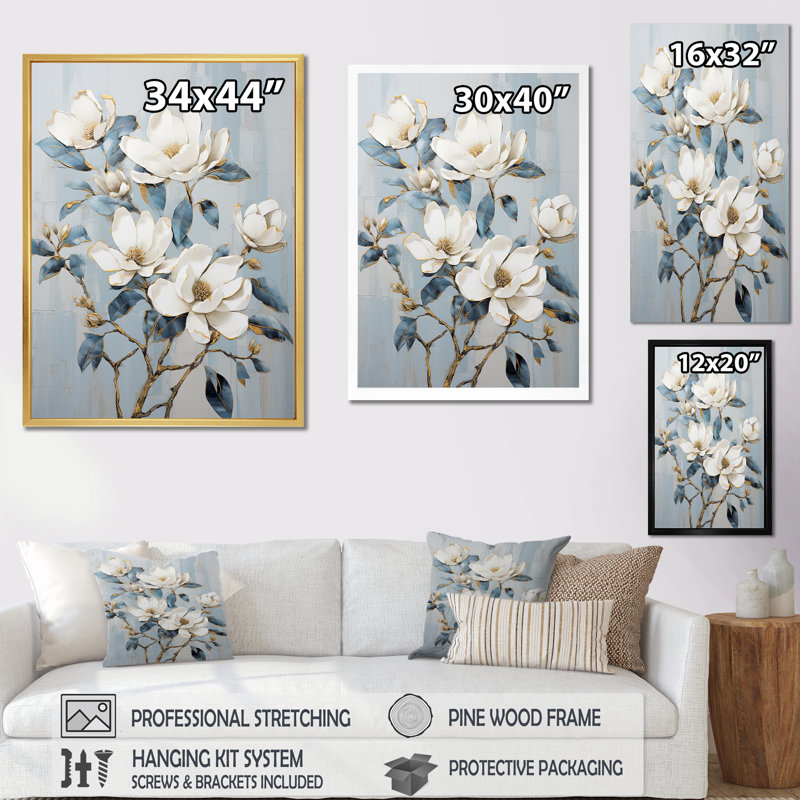 Minimalisme blanc et bleu Magnolias Florescence I - Magnolias, impressions encadrées, H 32 po x l 24 po x P 1 po
