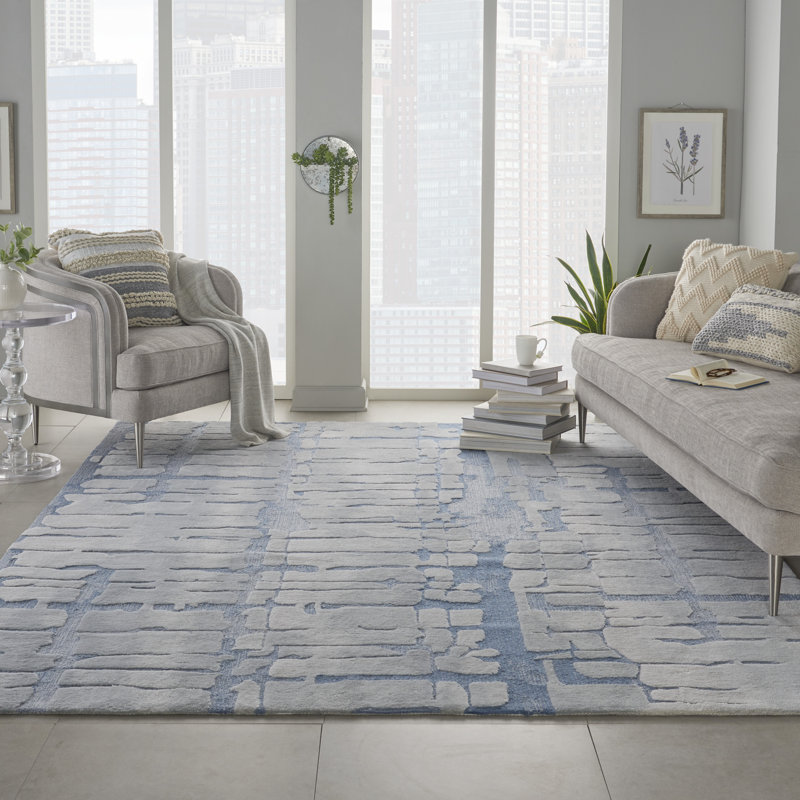 Tapis bleu moderne fait à la main, Rectangle 7 pi 9 po x 9 pi 9 po