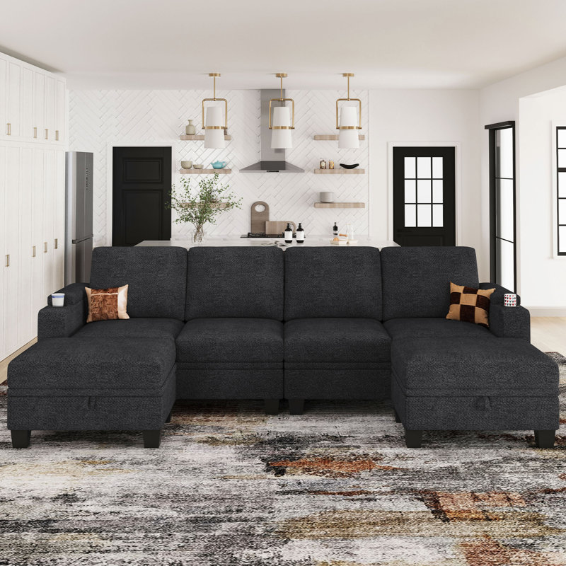 Anjana Penelopa Chenille U Shaped Sectional Modular Sofa With Storage Seats And 2 Movable Storage Ottomans For Apartment Living Room