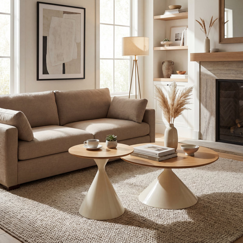 Round Coffee Table Set of 2 with Wood Top and White Double Cone Base, Modern MDF and Steel Side Tables