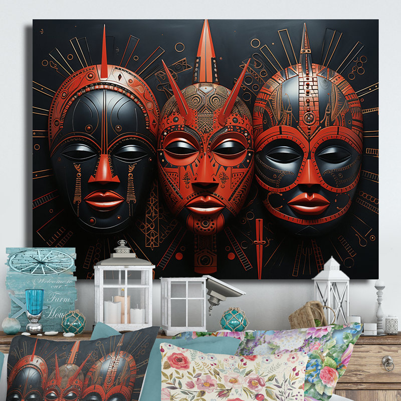 Red African Masks I - Tribus d'Afrique, reproduction d'art sur métal, H 12 po x l 20 po x P 1 po