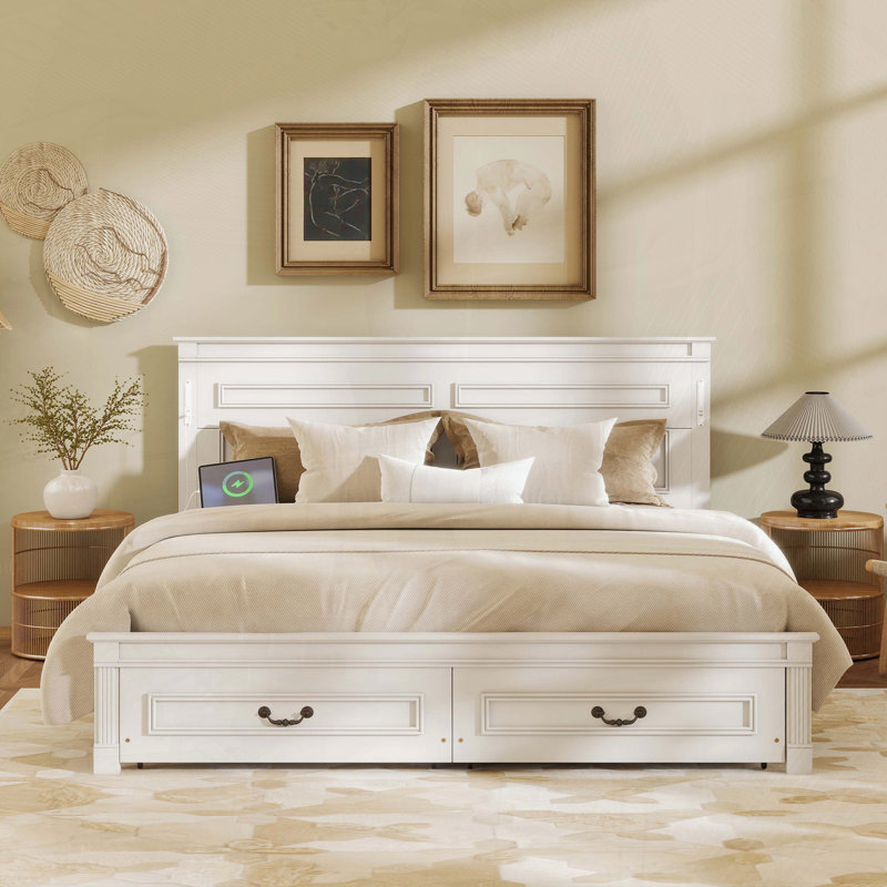 Très grand lit de ferme avec 2 tiroirs de rangement, lumières DEL et USB, Très grand lit, Blanc