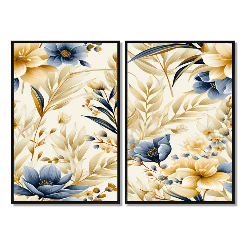 «Coastal Neutrals Flowers» - grand ensemble de 2 fleurs murales, H 36 po x l 48 po, Impression encadrée flottante, Noir