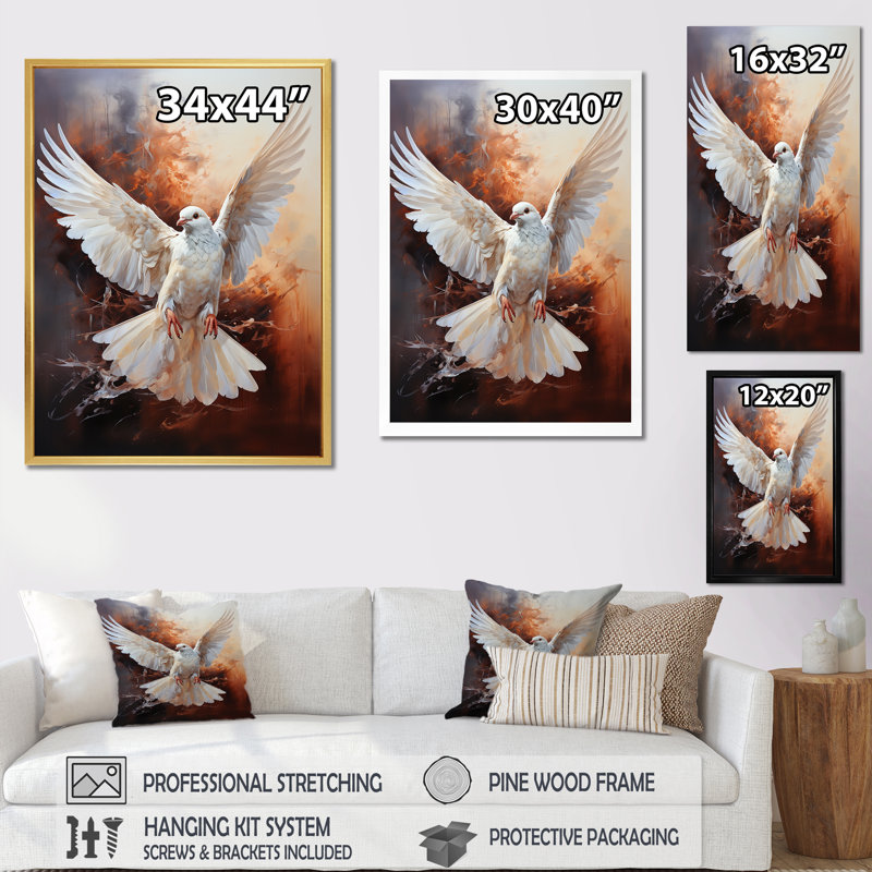 Colombe de la sérénité sur toile, Cadre simple argenté, H 20 po x l 12 po x P 1 po