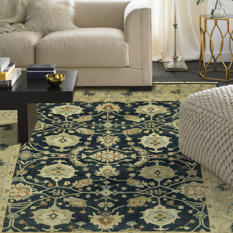 Tapis bleu en laine noué la à la main Preece, Rectangle 6 pi x 9 pi