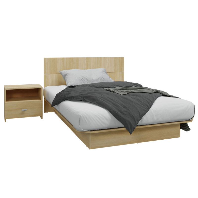 Chambre Zen Alpha - Lit plateforme avec tête de lit et 1 ou 2 tables de chevet - Montage facile, sommier non requis, Beige