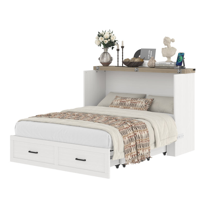  Grand lit escamotable avec station de charge, lit plateforme pliable avec tiroir de rangement, blanc, Grand
