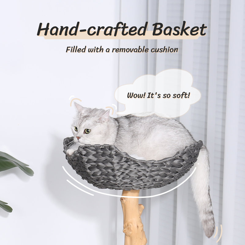 Gray and Natural Wood Cat Tree with Woven Condo