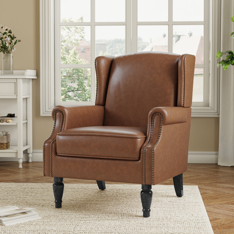 74 Cm Wide Wingback Armchair with Nailhead Trim, Brown Faux Leather