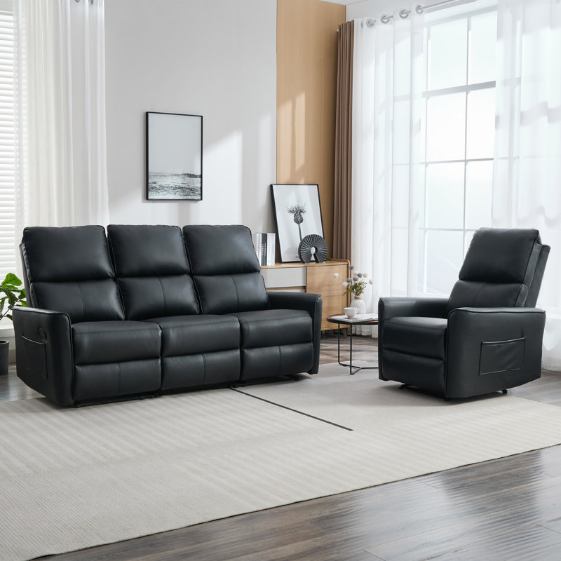 Micaden 4 Seater Faux Leather Reclining Sofa, Black