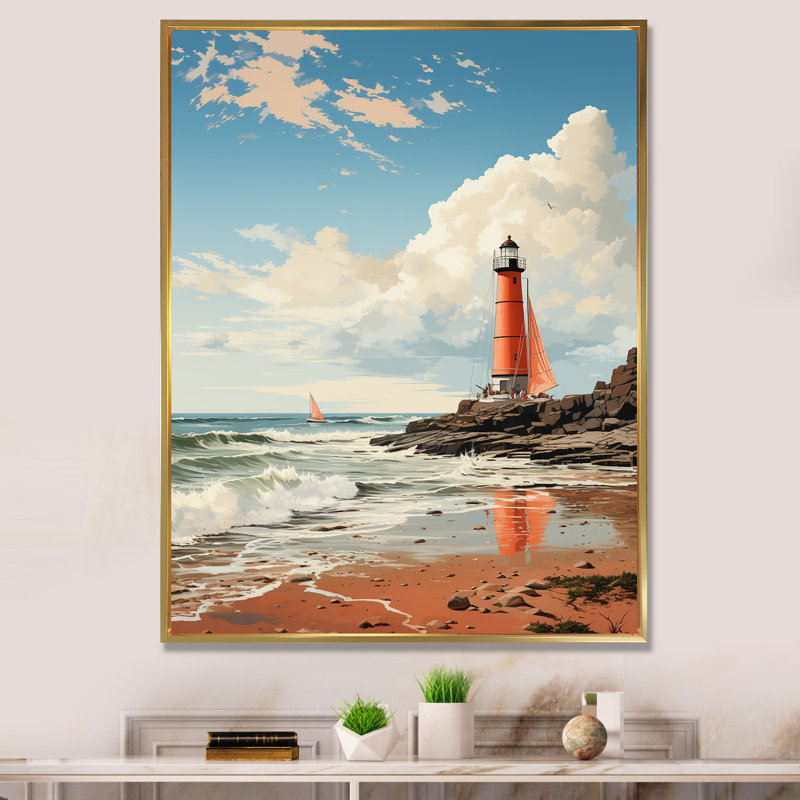 Illustration de plage rétro sur une plage de phare rouge sur toile, Cadre flottant doré, H 20 po x l 12 po