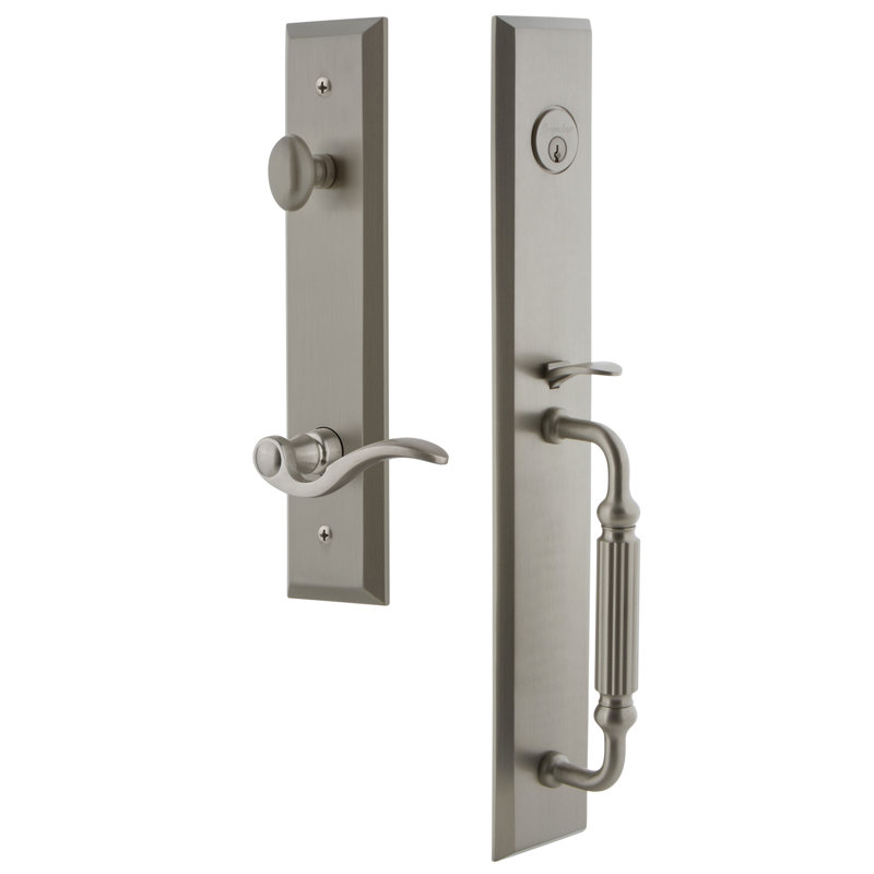 Fifth Avenue Handleset with Single Cylinder Deadbolt and Bellagio Door Lever and Fifth Avenue Rosette, Satin Nickel, 2.75"