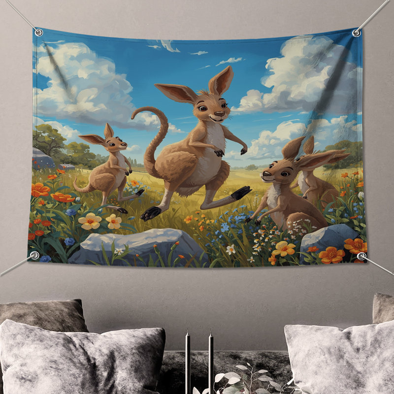 Tapisserie «Kangaroos In Wildflowers» - Décoration murale Kangourous, H 104 po x 88 avec 4 œillets