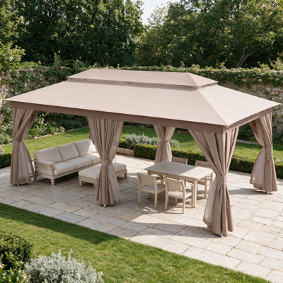 20 pi L 10 pi. D Pavillon de jardin en acier avec double toit souple, rideaux et moustiquaire