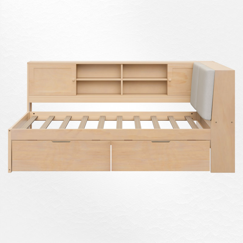 L-shaped Daybed Corner Bed Under-bed Drawers with Storage Bookcase, Twin, Natural