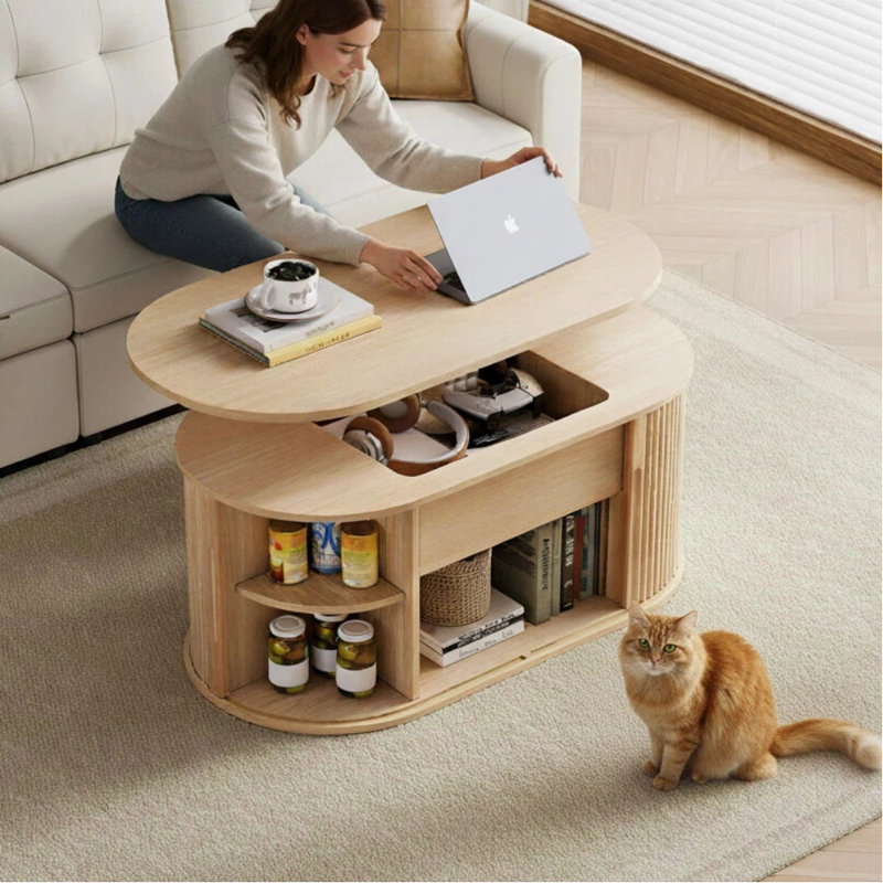 Table basse à plateau relevable avec rangement, Bois de chêne