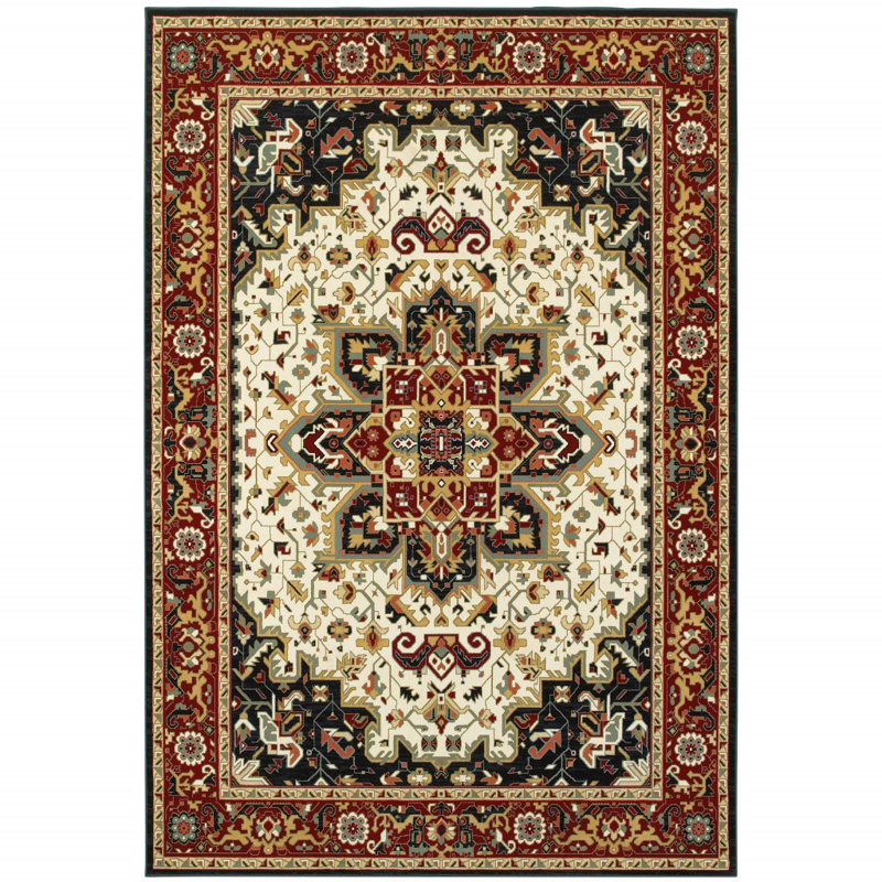 Tapis oriental rouge / ivoire Greenwich, Rectangle 6 pi 7 po x 9 pi 6 po