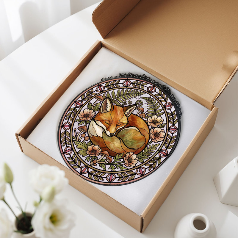 Panneau de vitrail en verre coloré Sleeping Fox, 7,8 heures, H 7,8 po