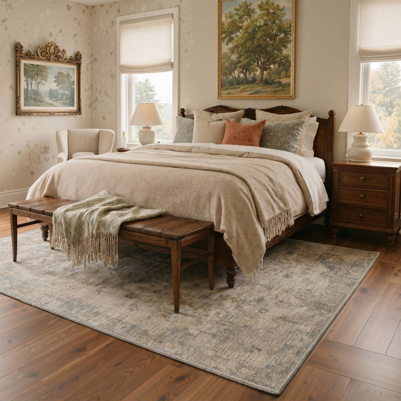Tapis oriental beige / gris lavable à la machine avec envers antidérapant, Rectangle 6 pi x 9 pi
