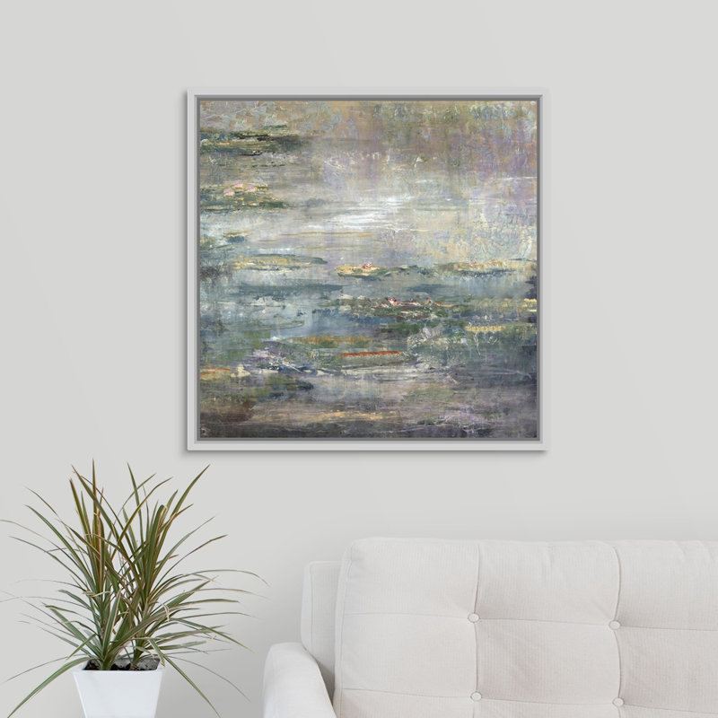 «Twilight Lilies II», peinture sur toile, H 25,7 po x l 25,7 po x P 1,75 po, Cadre flottant blanc