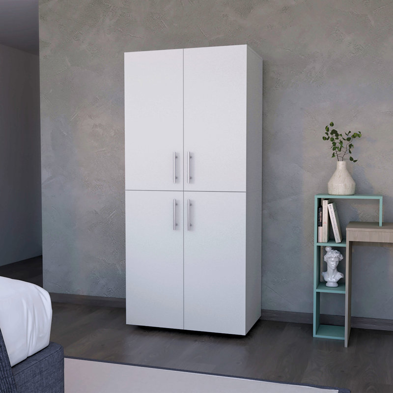 Armoire en mélamine avec 2 portes, 4 tablettes et 2 barres à vêtements, Blanc