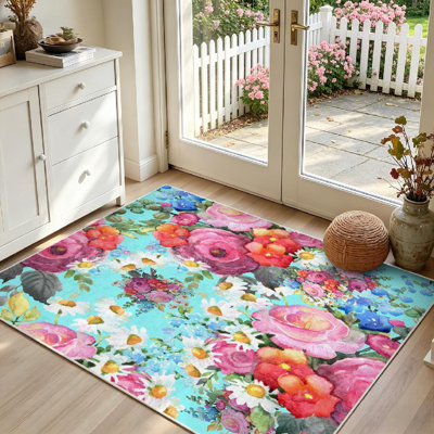 Clear Machine Washable,Beautiful Watercolor Bouquet of Summer Flowers Seamless Colorful Indoor Area Rug