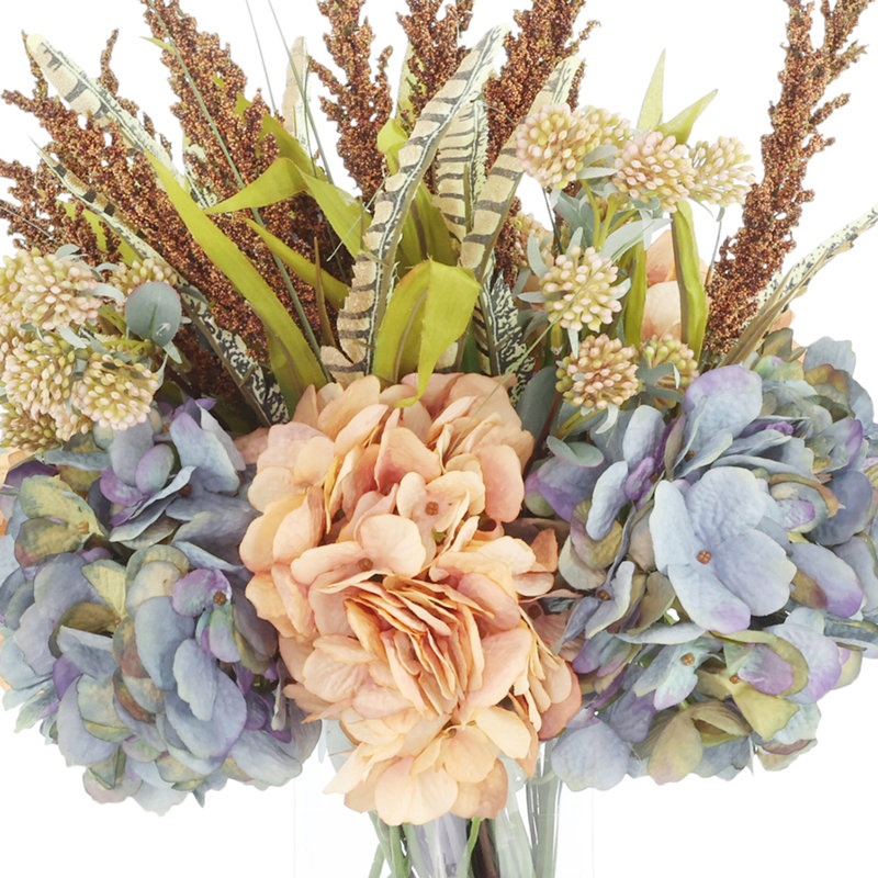 Fall Centerpiece with Hydrangeas and Heather in Glass Vase