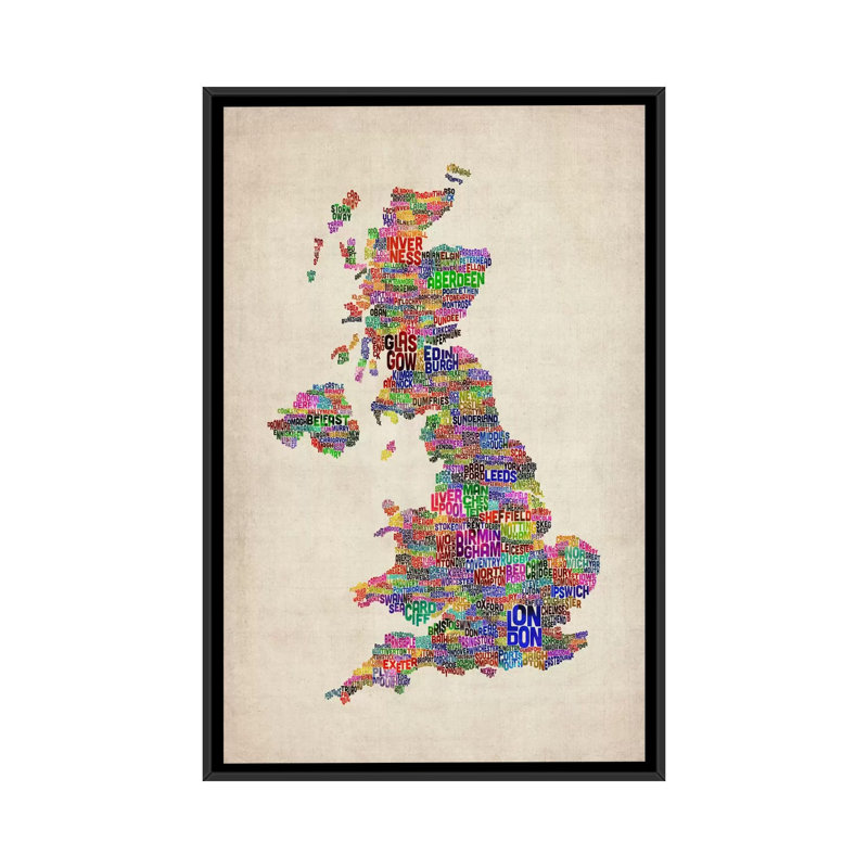 « great uk city text map iv » par michael tompsett, art textuel sur toile, H 26 po x l 18 po x P 1,5 po, Pas de tapis