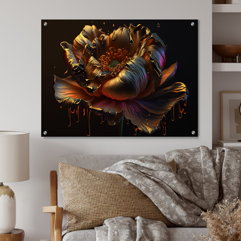 Rainbow Peony, or liquide I - pivoines, art mural en acrylique pour la cuisine, H 24 po x l 32 po