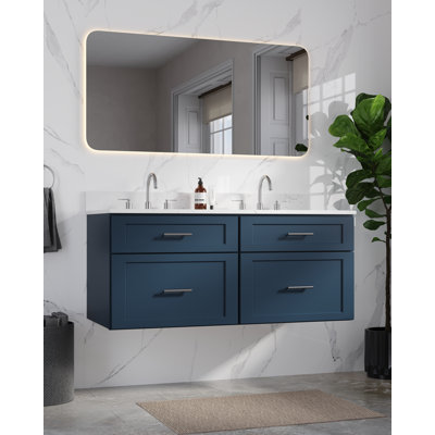 48" Floating Wall Mounted Double Bathroom Vanity With Carrara Quartz Top