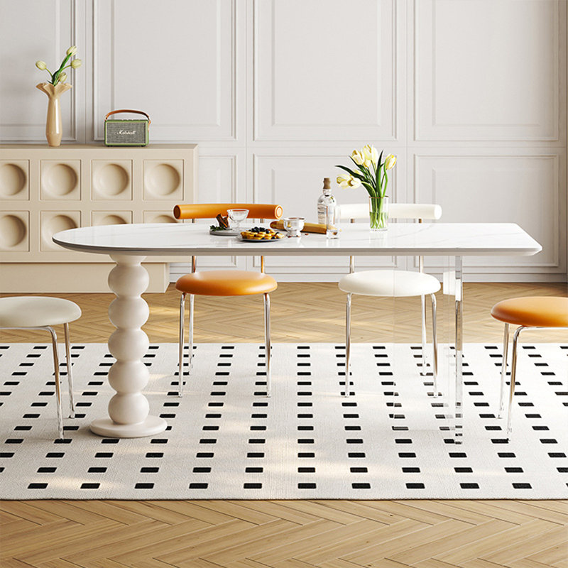 Table de salle à manger en pierre blanche semi-ronde avec table solide et acrylique, H 29,53 po x L 55,12 po x l 31,5 po