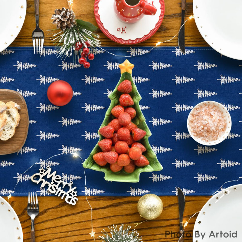 Xmas Tree Christmas Table Runner, Seasonal Winter Kitchen Dining Table Decoration For Home Party Decor, 13" W x 72" L, Blue