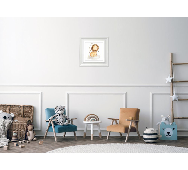 Lion avec étoiles, art mural sur toile, Cadre d'angle fermé blanc, H 17,5 po x l 17,5 po