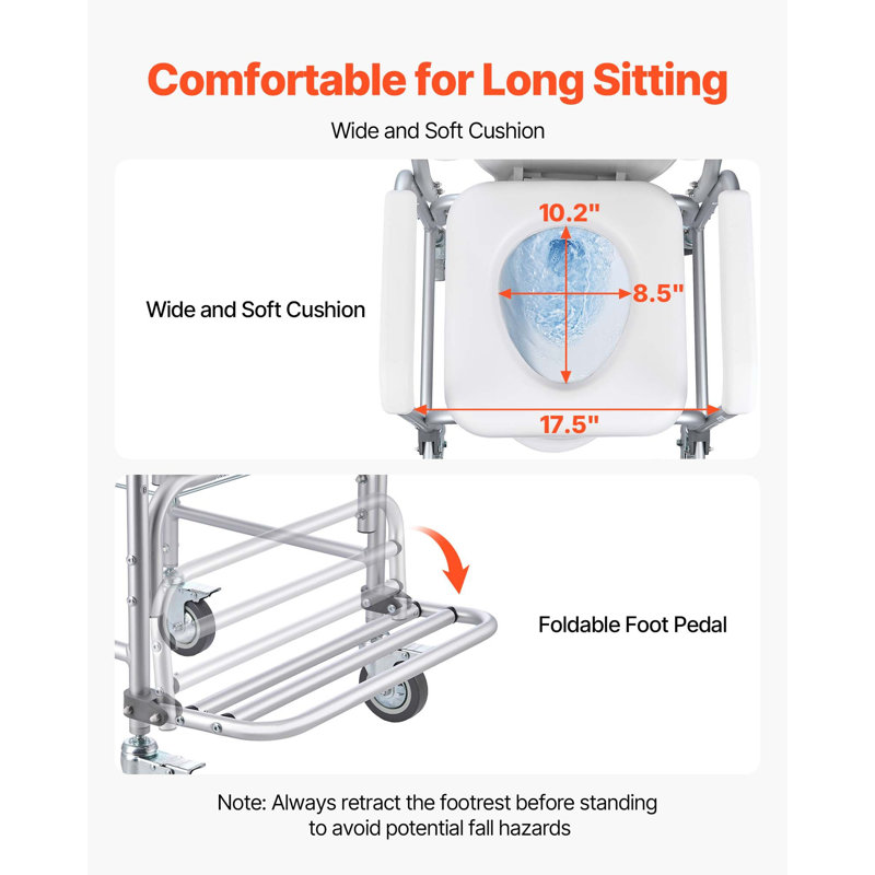 Bedside Commode Chair With Wheels, 350 Lbs Capacity, 4-In-1 Portable Toilet And Raised Toilet Seat With Padded Seat/Backrest/Flip-Up Footrest, Detachable 5L Bucket, Shower Wheelchair For Seniors