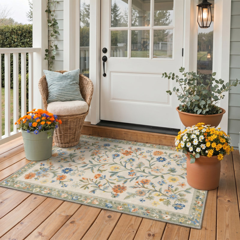 Verona Floral Machine Washable Green / Beige Indoor Area Rug with Non-Slip Backing, Rectangle 6' x 9'