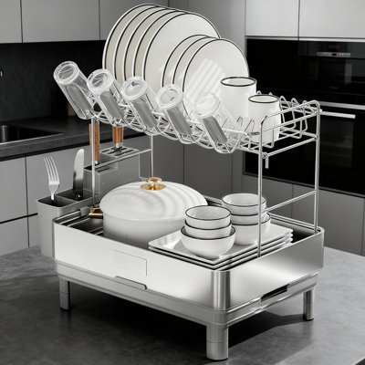 Égouttoir à vaisselle à 2 niveaux en acier inoxydable avec drainage automatique, égouttoir à grande capacité avec ustensiles et porte-gobelets, comptoir de cuisine compact