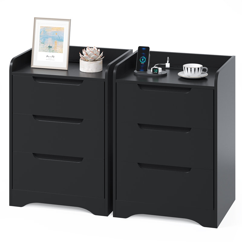 3 Drawer Bedside Table with Charging Station, Bedside Cabinet with Spacious Tabletop, 2 AC Sockets, 1 USB-A & 1 USB-C Port, 35cm W Bedside Table