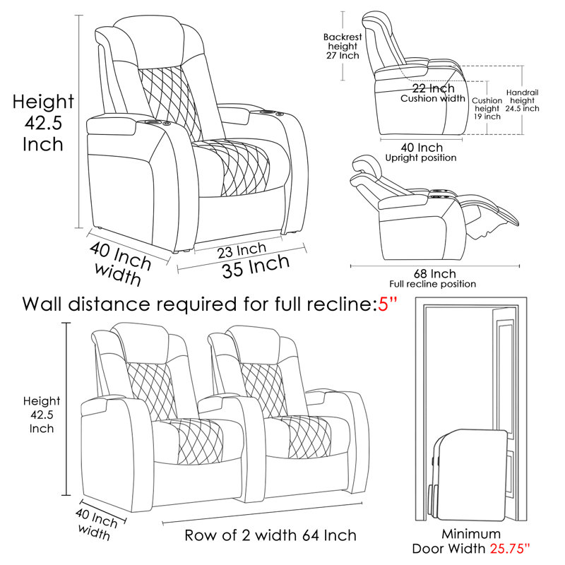 Chaise de théâtre avec ports USB et porte-gobelets (ensemble de 2), Cuir véritable rouge