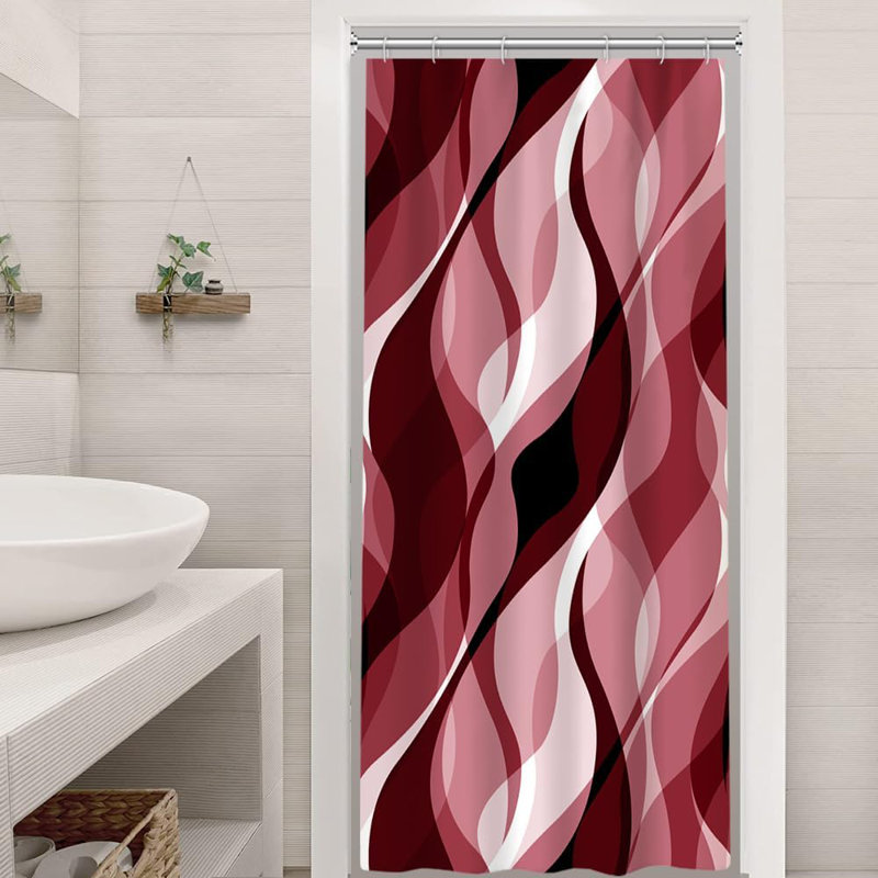 Pack of 1 Modern Abstract Black and Grey Striped Shower Curtain Set with Hooks, Red, 137.16cm W x 182.88cm L