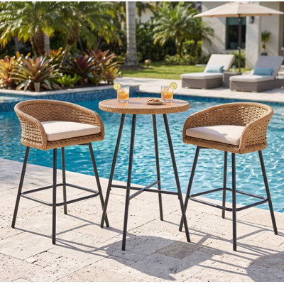 3 Piece Modern Wicker Patio Bar Set With Cushion, Rope Woven All-Weather Outdoor Bar Set For Indoor & Outdoor