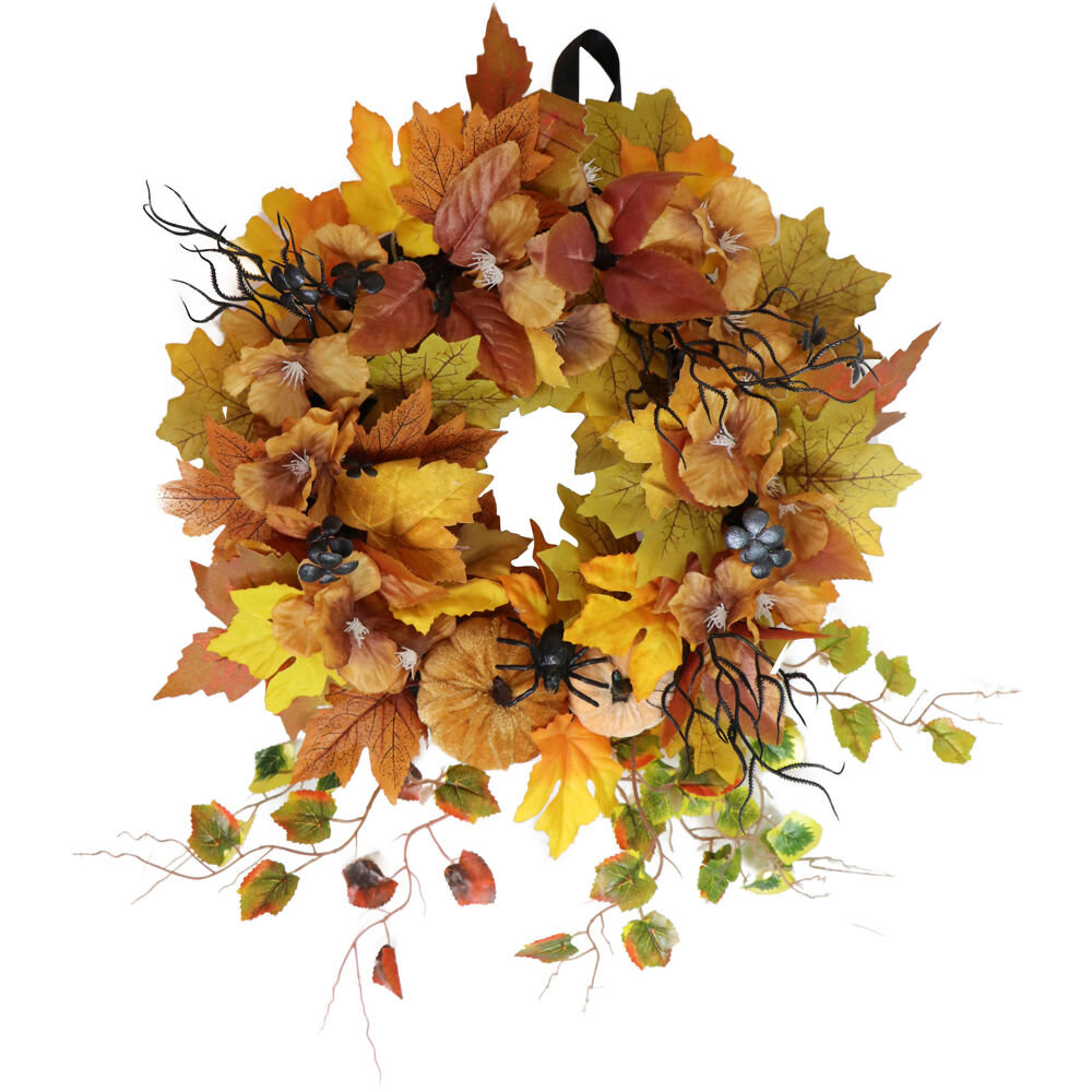 Haunted Hill Farm Festive Harvest Wreath With Multi Color Fall Leaves haunted-hill-farm-festive-harvest-wreath-with-multi-color-fall-leaves