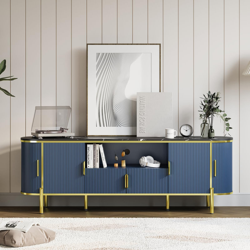 70in Fluted TV Stand Fits TVs up to 80'', Wood Entertainment Center Media TV Console with Faux Marble Top Adjustable Shelves and Curved Profile Sliding Doors for Living Room