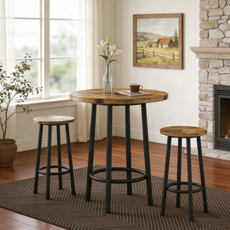 3 PCS Bar Table Set For 2, 23'' Wood Round Bistro Pub Dining Table With 2 Stools, Counter Height Table & Chairs Set For Small Space, Kitchen, Living Room