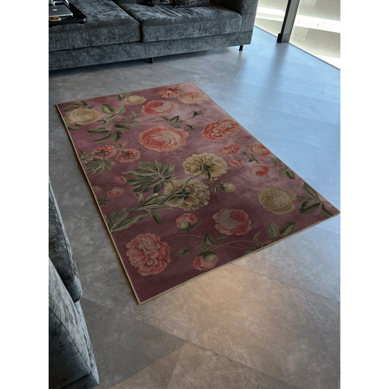 Tapis décoratif moderne mauve à motif abstrait rose, Rectangle 4 pi 7 po x 6 pi 6 po