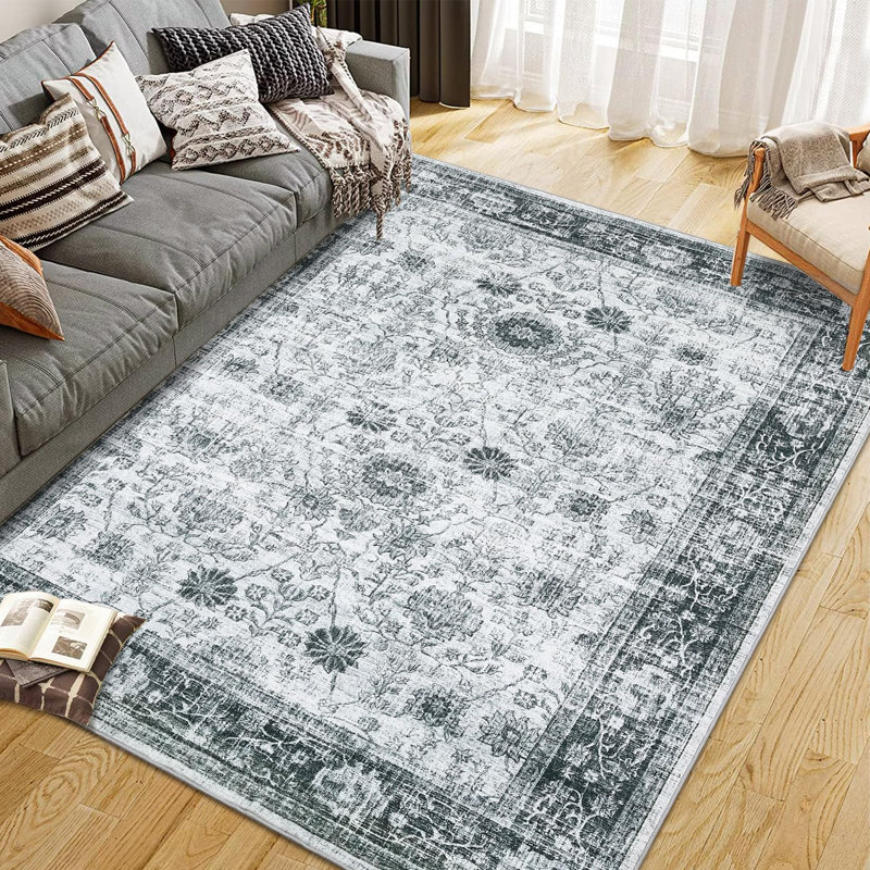 Tapis lavables antidérapants à motif floral rétro pour salle de lavage gris 5 x 7 pi, Gray, Rectangle 5' x 7'