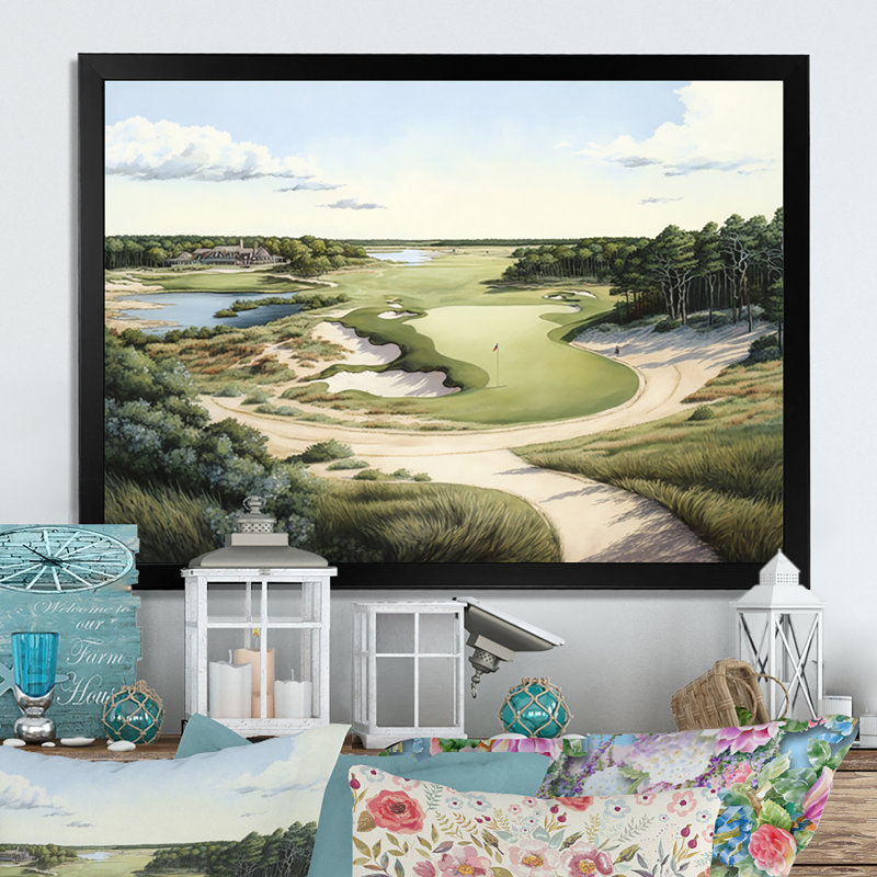 Parcours de golf en été - art encadré de golf, Impression noire sur toile encadrée, H 16 po x l 32 po x P 1 po