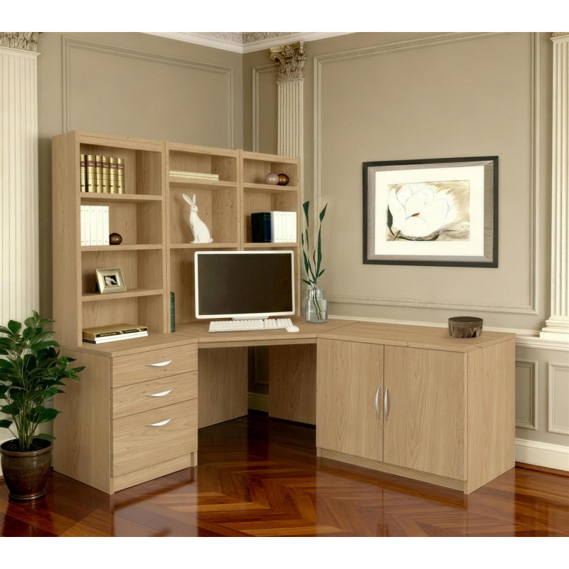 Brelynn 5 Piece Computer Desk Office Set, Classic Oak